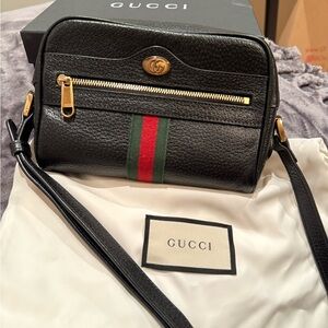 Gucci Black Ophidia Mini GG Supreme Crossbody Bag with Gold Accents